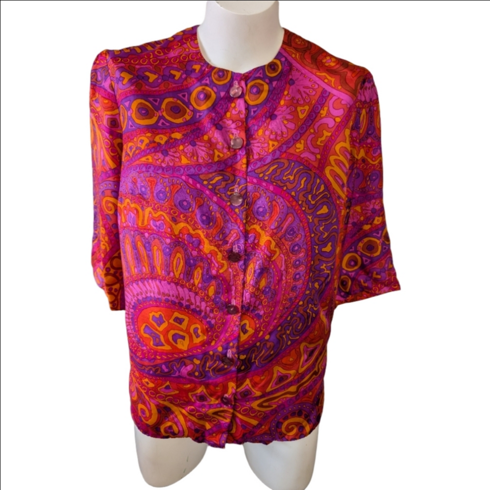 Vintage Top Psychedelic Paisley Cropped Button-Up Blouse 1960 Silk Size M
